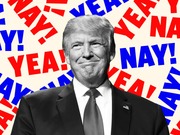 Editorial illustration of Donald Trump in black and white surrounded by red and blue YEA! and NAY! text on a cream background.