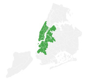 Map of New York City showing selected districts highlighted in green, covering parts of Manhattan, the Bronx, and Brooklyn, with remaining boroughs in gray.