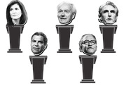 Black and white editorial illustration showing five political figures' heads atop debate podiums of varying heights, suggesting rankings or standings.