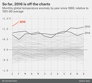 Line chart showing monthly global temperature anomaly by year since 1880 relative to 1951-80 average, with 2016 highlighted in red far above all other years.