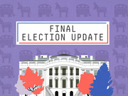 Editorial illustration showing the White House with red and blue trees against a purple background with Republican and Democratic party symbols, titled Final Election Update.