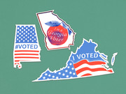 Illustrated voting stickers shaped like US states Alabama, Georgia, and Virginia with patriotic American flag designs and I Voted text.