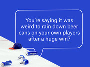 Editorial illustration with a speech bubble quote about fans throwing beer cans on the ice, with Bud Light cans and a hockey cap on ice in the foreground.