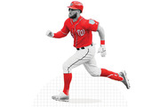 Editorial illustration of a Washington Nationals baseball player running, depicted in red uniform against a white background with a faint grid graphic element.