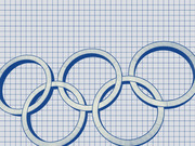 Editorial illustration of the Olympic rings rendered in blue and white against a grid paper background.