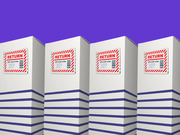 Four identical white boxes with blue stripes and red-and-white RETURN shipping labels against a purple background, editorial illustration.