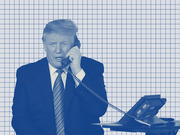 Blue-tinted editorial illustration of a man in a suit talking on a corded telephone, set against a grid-paper background.