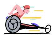 Editorial illustration of a wheelchair racer in a racing chair, leaning forward at speed with colorful motion lines in the background.
