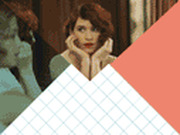 Decorative editorial graphic with a pink geometric triangle shape overlaid on a faded background image of a person.