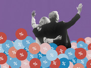 Editorial illustration showing two figures waving from behind, surrounded by red and blue circles with percent signs on a purple background.