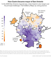 Choropleth map of San Antonio voting precincts showing Julian Castro's vote margin over Trish DeBerry-Mejia in the 2009 mayoral race, colored purple for Castro leads and orange for DeBerry-Mejia leads.