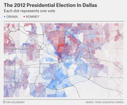 Dot density map of the 2012 Presidential Election in Dallas, where each blue dot represents one Obama vote and each red dot represents one Romney vote.