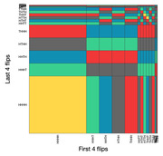A colored grid matrix showing coin flip sequence combinations, with first 4 flips on the x-axis and last 4 flips on the y-axis, colored by outcome category.