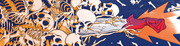 Editorial illustration showing a pile of skulls and skeletons in orange and cream tones with a skeleton reaching toward a red-cloaked figure on a lightning bolt against a dark blue background.