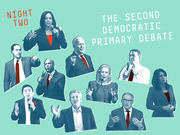 Editorial illustration for Night Two of the Second Democratic Primary Debate featuring cutout-style images of ten candidates on a teal background.
