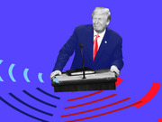 Editorial illustration of a man in a suit at a podium on a blue background with decorative red and blue curved lines and arrows.