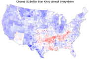 Choropleth map of the US showing county-level shift in Democratic vote share between Kerry 2004 and Obama 2008, with blue indicating Obama improvement and red indicating decline.