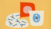 Editorial illustration showing a network graph, a red flag, and a cup with a node diagram icon on a yellow background.