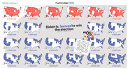 FiveThirtyEight 2020 election forecast showing multiple US maps of simulated election outcomes labeled as Trump or Biden wins, with mascot Fivey Fox explaining the scenarios.