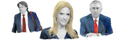 Editorial illustration showing three political figures in grayscale with selective color accents, including a woman with blonde hair flanked by two men in blue suits with red ties.