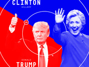 Editorial graphic showing Hillary Clinton and Donald Trump facing off, with red and blue backgrounds and a VS symbol between them.