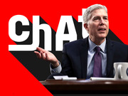 Editorial illustration of a man in a suit gesturing, overlaid on a bold red and black background with large white text reading 'ChAt' partially visible.