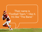 Editorial graphic showing a Washington Football Team quarterback with a speech bubble quoting someone saying their name is Football Team and comparing it to The Band.