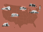 Illustrated map of the United States with black-and-white photos of historic mansions or governor's residences placed at various locations across the country, with a figure of a woman on the East Coast.