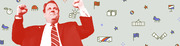 Editorial illustration of a red-tinted politician with fists raised surrounded by small political icons including flags, money, donkeys, and the White House.