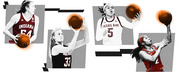 Editorial collage of four women's college basketball players in action, featuring players from Indiana, an unidentified team number 33, Texas A&M number 5, and another player.