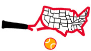 Editorial illustration combining a tennis racket with the shape of the United States as its head, alongside a tennis ball, suggesting a US tennis theme.