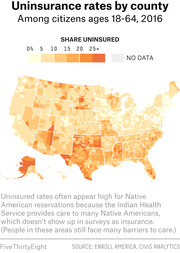 Choropleth map of US uninsurance rates by county among citizens ages 18-64 in 2016, shaded from light yellow to dark red indicating 0% to 25%+ uninsured.