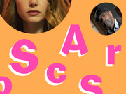 Editorial illustration with an orange background featuring large pink letters spelling Oscars and circular photo cutouts of two actors.