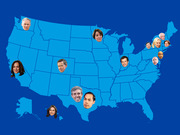 US map infographic showing the home states of 2020 Democratic presidential candidates represented by their portrait photos placed on their respective states.