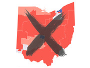 Illustrated map of Ohio showing congressional districts in red and blue, overlaid with a large painted X mark.