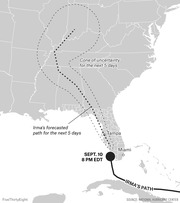 Map showing Hurricane Irma's path and 5-day forecasted track with cone of uncertainty as of September 10, 8 PM EDT, moving up through Florida toward the southeastern US.