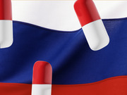 Editorial illustration showing red-and-white pharmaceutical capsules overlaid on a waving Russian flag in white, blue, and red.