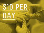 Yellow-tinted editorial graphic showing a nail salon worker with text overlay reading $10 per day, referencing low wages in the nail salon industry.