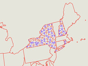 Map of the northeastern United States with red and blue directional arrows scattered across several states, likely indicating voting shifts or migration patterns.