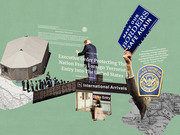 Editorial collage illustration about US immigration policy featuring a detention tent, travel ban executive order text, International Arrivals sign, CBP patch, and a Make Our Borders Safe Again sign.