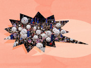 Editorial illustration showing a photo of a political convention balloon drop crowd clipped into a spiky starburst shape on a coral pink background.