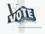 Editorial collage illustration featuring a crumpled VOTE sign for November 8 overlaid on a light background with decorative graphic elements.