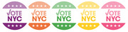 Five colorful Vote NYC circular badge designs in purple, orange, green, yellow, and pink, each featuring stars and bold text.
