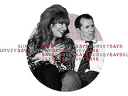 Editorial collage illustration featuring a black-and-white photo of a couple inside a circle with repeating SURVEY SAYS text in gray and red, referencing the Family Feud game show.