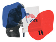 Editorial collage illustration of a person at a voting booth with an American flag and the word VOTE, overlaid with blue and red abstract shapes.