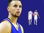 Editorial illustration showing a Golden State Warriors player in close-up on the left with two smaller Warriors players holding hands on the right against a blue background.