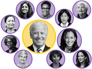 Editorial illustration showing Joe Biden in a central yellow circle surrounded by ten women in purple circles, representing potential cabinet picks.