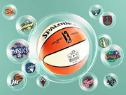 Editorial illustration showing a Spalding WNBA official game ball in a large bubble surrounded by smaller bubbles containing logos of all WNBA teams.