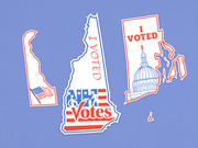Three illustrated voting stickers shaped like US states Delaware, New Hampshire, and Rhode Island with patriotic red, white, and blue designs.