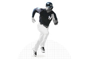 Black and white editorial illustration of a New York Yankees baseball player running, overlaid on a faint grid bar chart background.